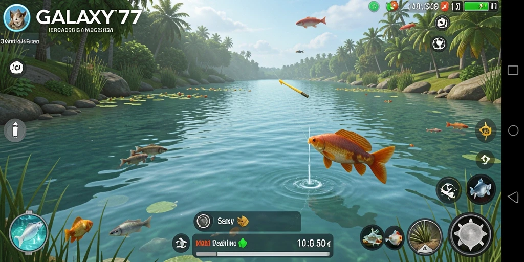 Screenshot gameplay GALAXY77 menampilkan aksi memancing yang seru.