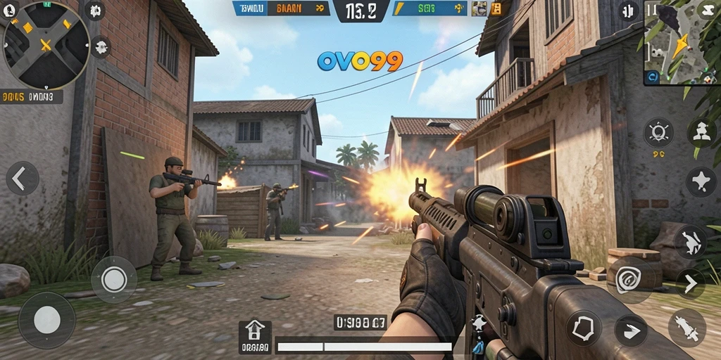 Gameplay OVO99 menampilkan aksi tembak-menembak yang mendebarkan dengan grafis tinggi.